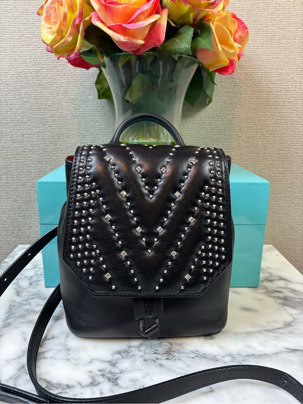 MCM Studded Diamond Disco Black Leather Mini Backpack w/ Crystal Accents - EUC